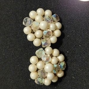 Vintage Japan Rhinestone & Faux Pearl Cluster Silver Tone Clip On Earrings